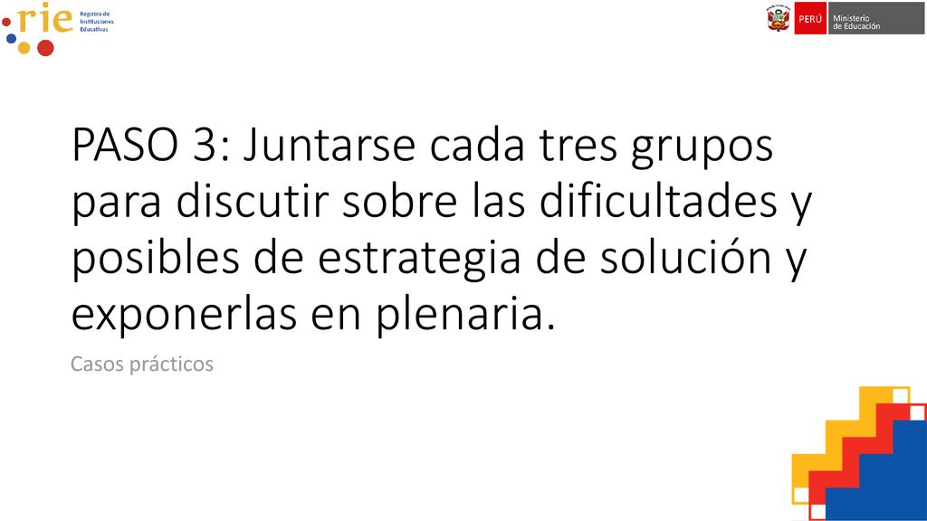 PASO 3: Juntarse cada tres grupos para discutir sobre las dificultades y posibles de estrategia de solución y exponerlas en plenaria.