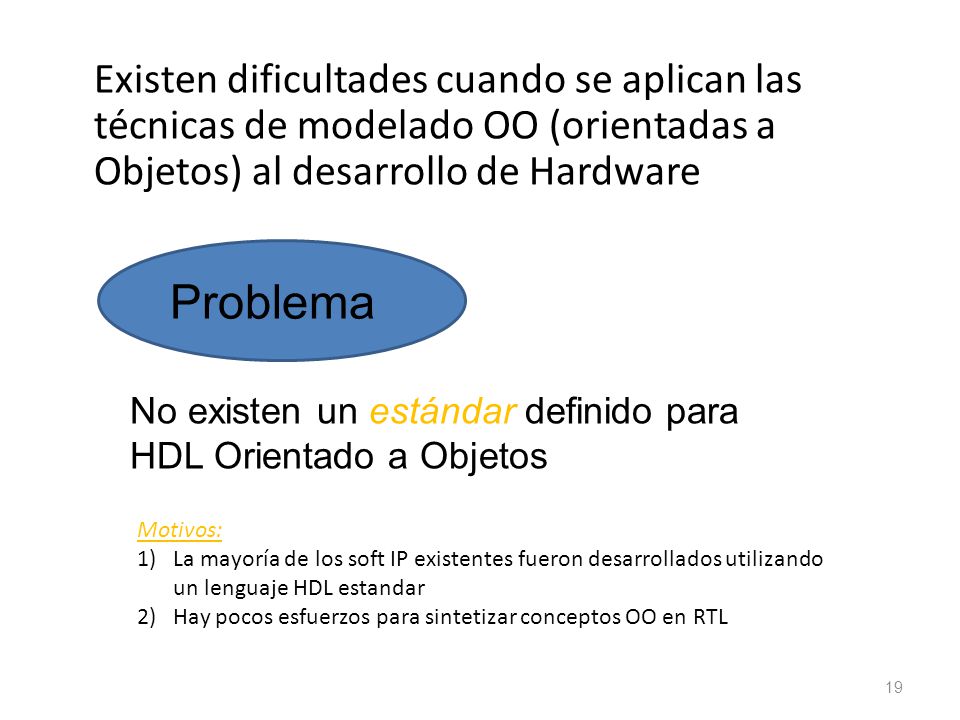 Existen dificultades cuando se aplican las técnicas de modelado OO (orientadas a Objetos) al desarrollo de Hardware