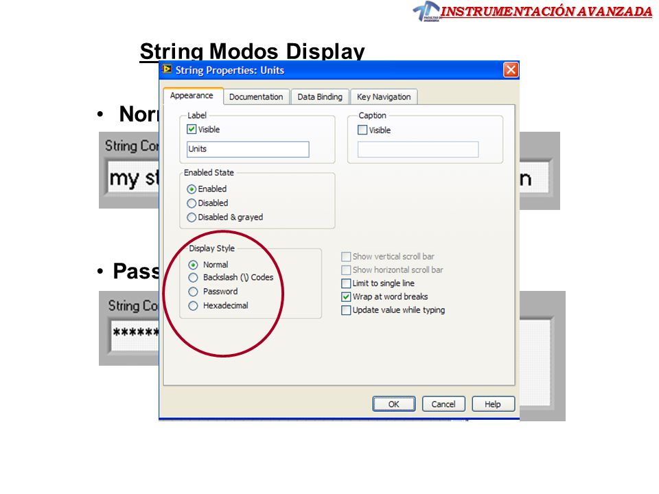 String Modos Display Normal display \ code display Password display