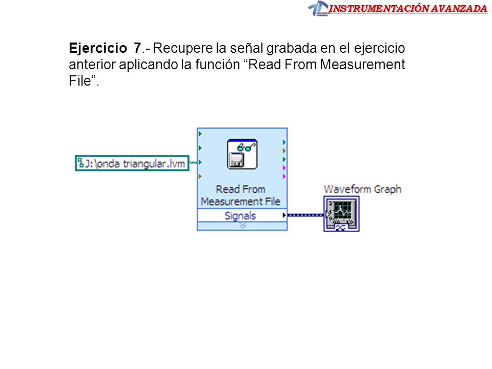 Ejercicio 7.- Recupere la señal grabada en el ejercicio anterior aplicando la función Read From Measurement File .