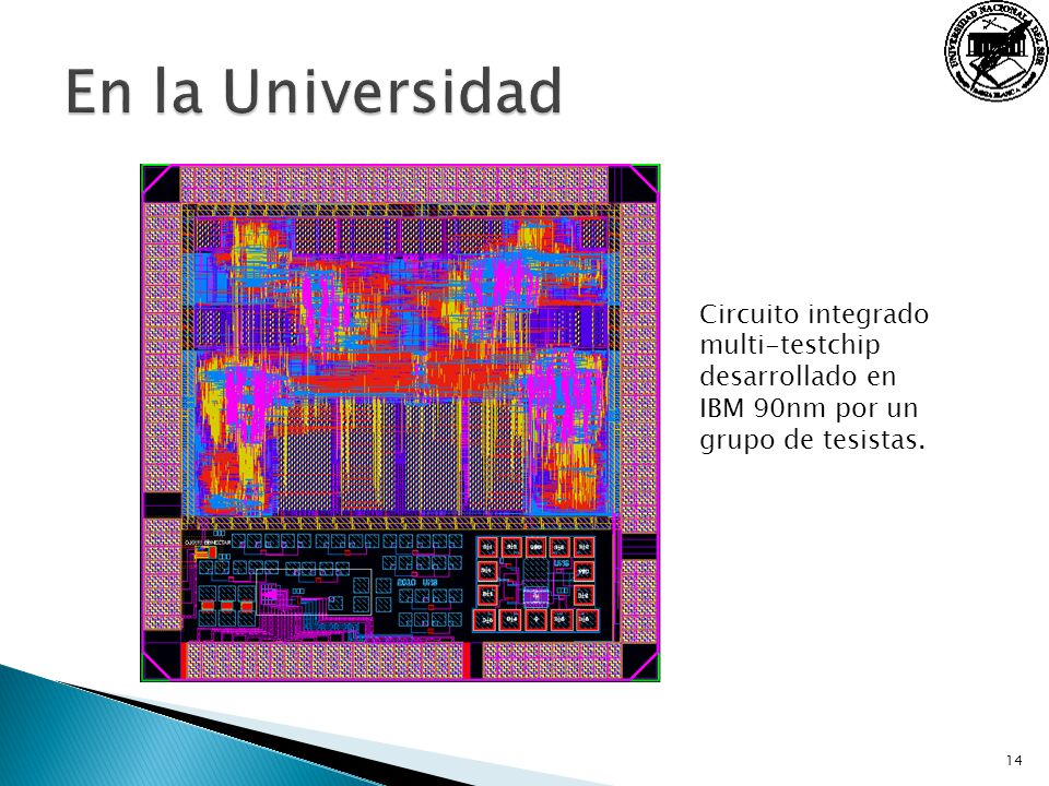 En la Universidad Circuito integrado multi-testchip desarrollado en IBM 90nm por un grupo de tesistas.