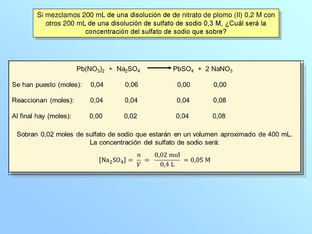 Si mezclamos 200 mL de una disolución de de nitrato de plomo (II) 0,2 M con otros 200 mL de una disolución de sulfato de sodio 0,3 M, ¿Cuál será la concentración del sulfato de sodio que sobre