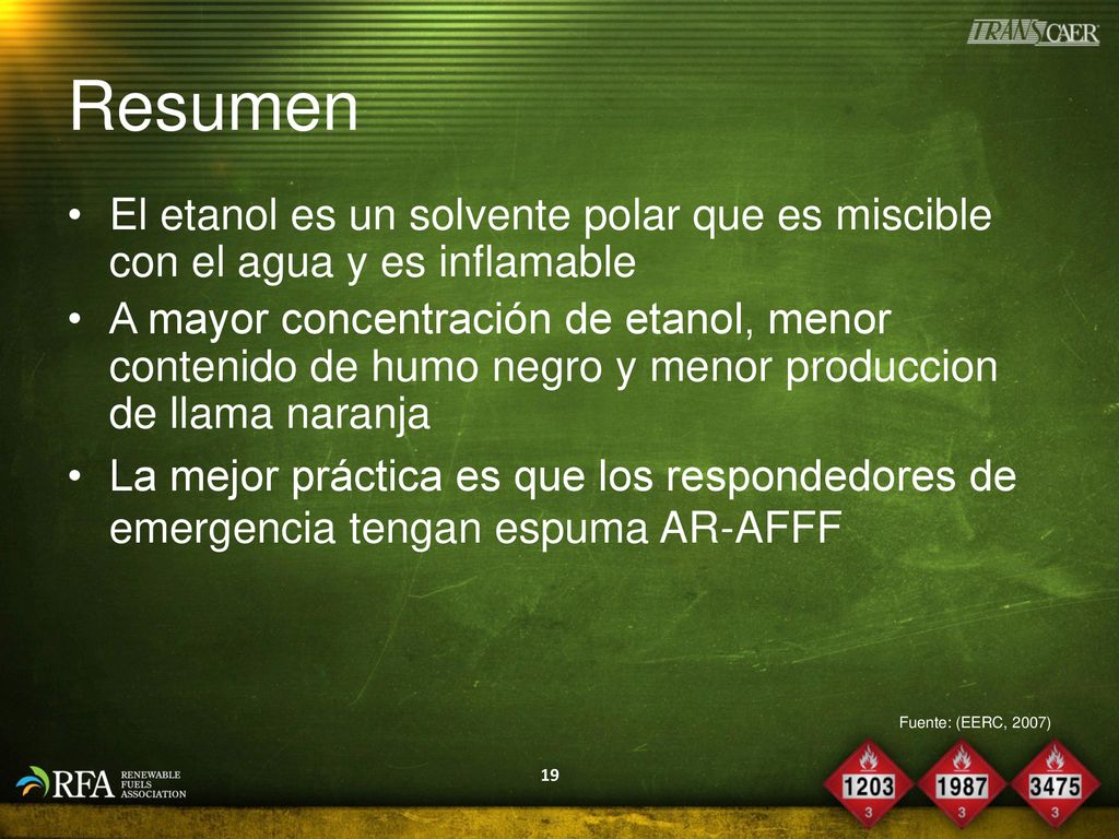 Resumen El etanol es un solvente polar que es miscible con el agua y es inflamable.