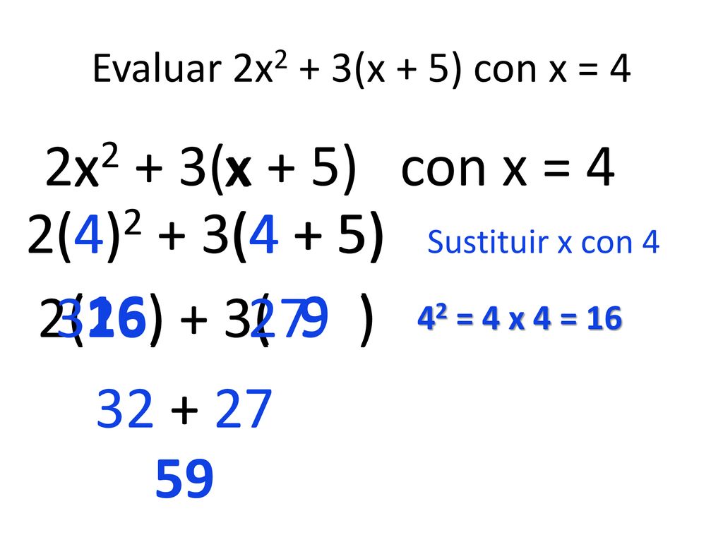 x x 2x2 + 3(x + 5) con x = 4 2(4)2 + 3(4 + 5) Sustituir x con 4 (4)2 4