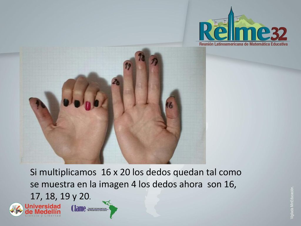 Si multiplicamos 16 x 20 los dedos quedan tal como se muestra en la imagen 4 los dedos ahora son 16, 17, 18, 19 y 20.