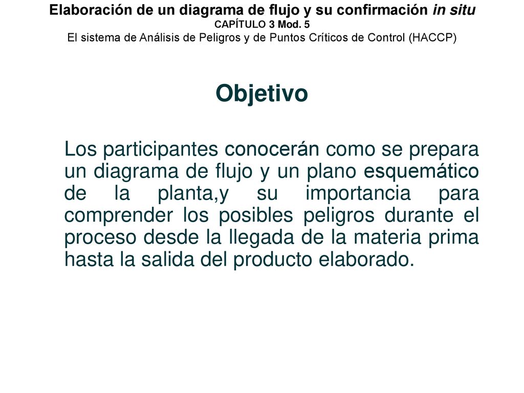 Elaboración de un diagrama de flujo y su confirmación in situ CAPÍTULO 3 Mod. 5 El sistema de Análisis de Peligros y de Puntos Críticos de Control (HACCP)