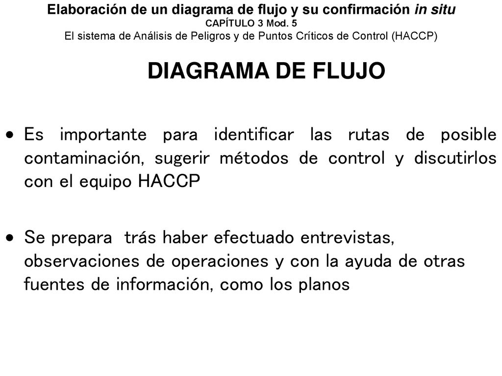 Elaboración de un diagrama de flujo y su confirmación in situ CAPÍTULO 3 Mod. 5 El sistema de Análisis de Peligros y de Puntos Críticos de Control (HACCP)