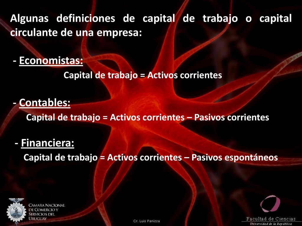 Capital de trabajo = Activos corrientes - Contables: