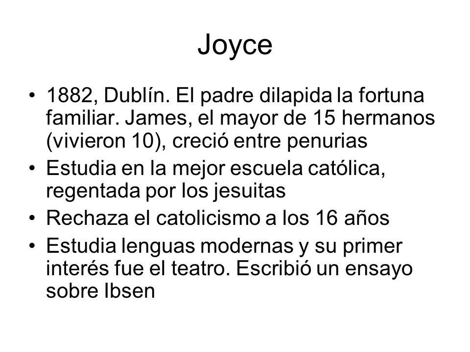 Joyce 1882, Dublín. El padre dilapida la fortuna familiar. James, el mayor de 15 hermanos (vivieron 10), creció entre penurias.
