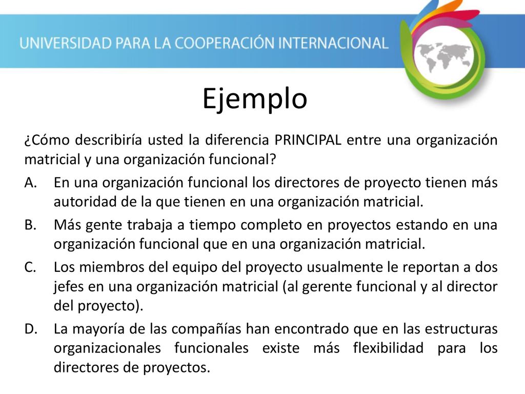 Ejemplo ¿Cómo describiría usted la diferencia PRINCIPAL entre una organización matricial y una organización funcional