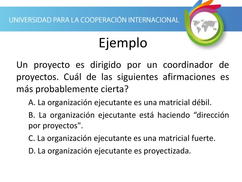 Ejemplo Un proyecto es dirigido por un coordinador de proyectos. Cuál de las siguientes afirmaciones es más probablemente cierta