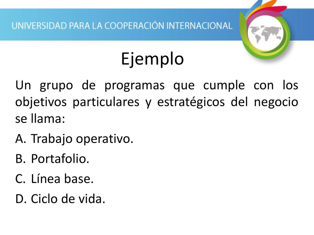 Ejemplo Un grupo de programas que cumple con los objetivos particulares y estratégicos del negocio se llama: