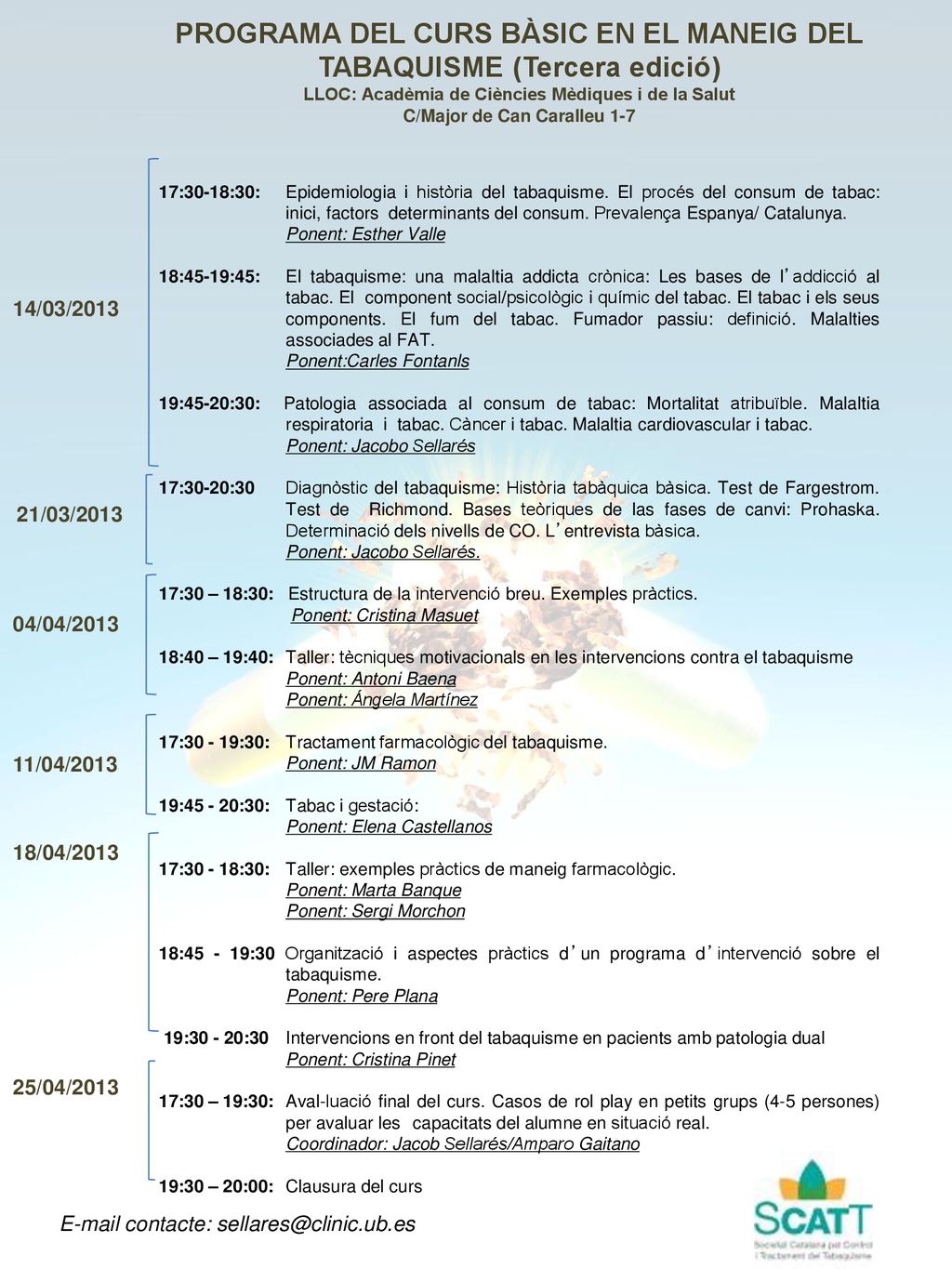 PROGRAMA DEL CURS BÀSIC EN EL MANEIG DEL TABAQUISME (Tercera edició)