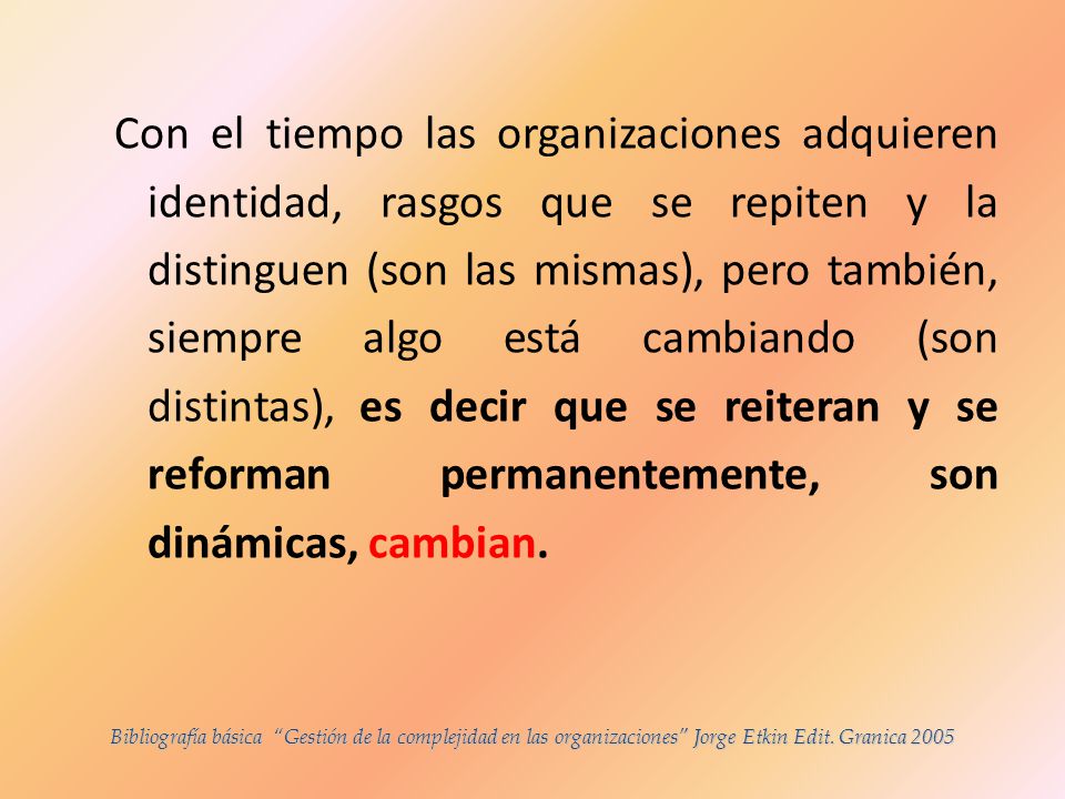 Con el tiempo las organizaciones adquieren identidad, rasgos que se repiten y la distinguen (son las mismas), pero también, siempre algo está cambiando (son distintas), es decir que se reiteran y se reforman permanentemente, son dinámicas, cambian.