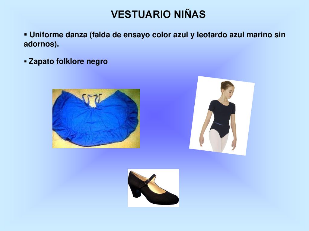 VESTUARIO NIÑAS Uniforme danza (falda de ensayo color azul y leotardo azul marino sin adornos).