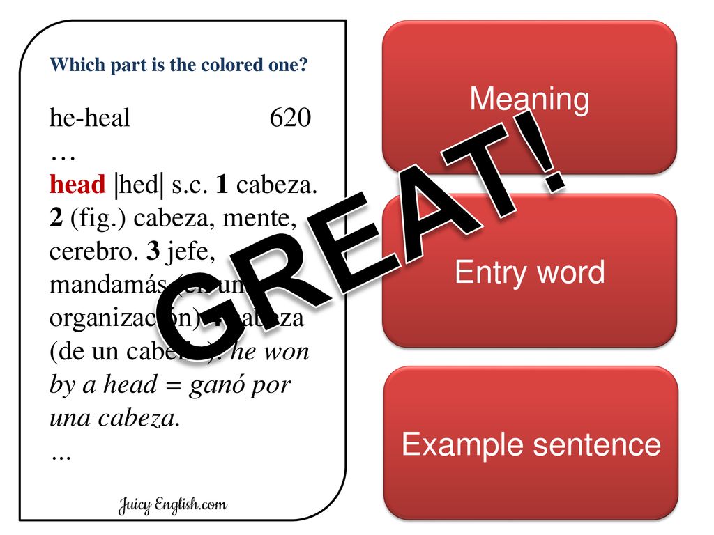 GREAT! Meaning Entry word Example sentence he-heal 620 …