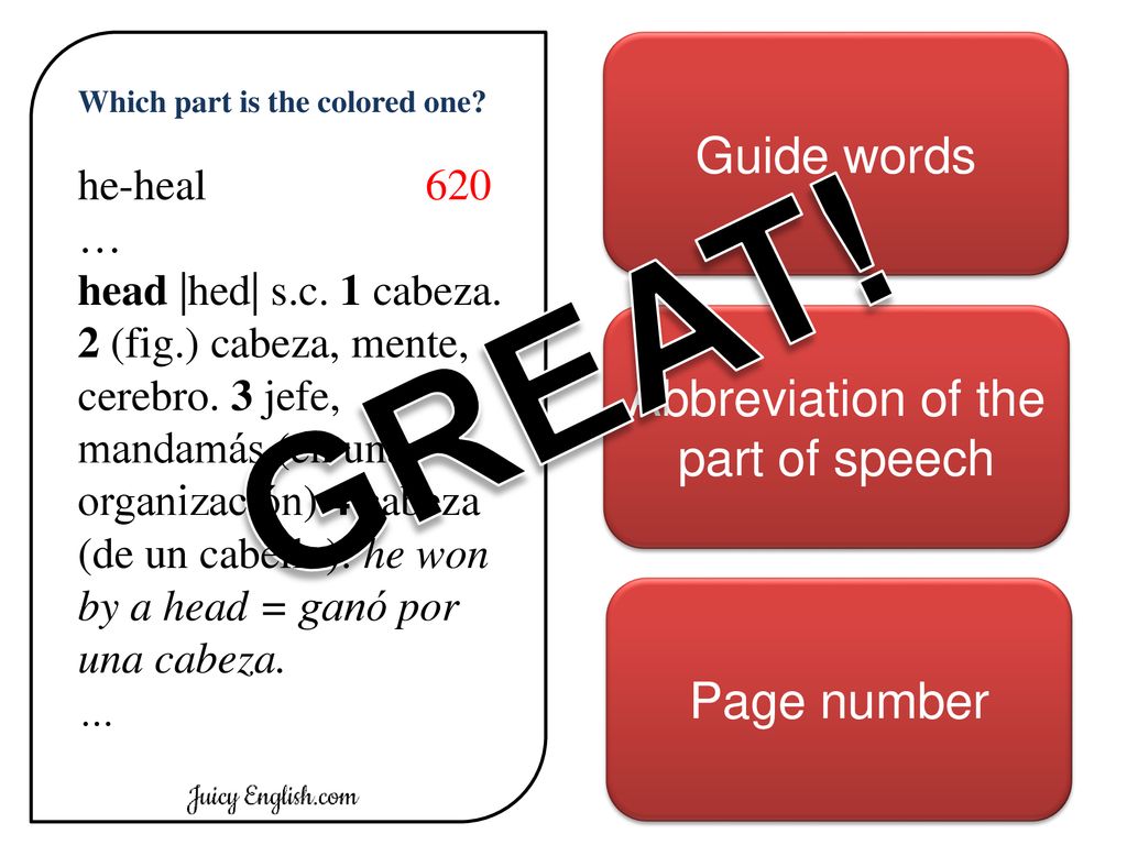 GREAT! Guide words Abbreviation of the part of speech Page number