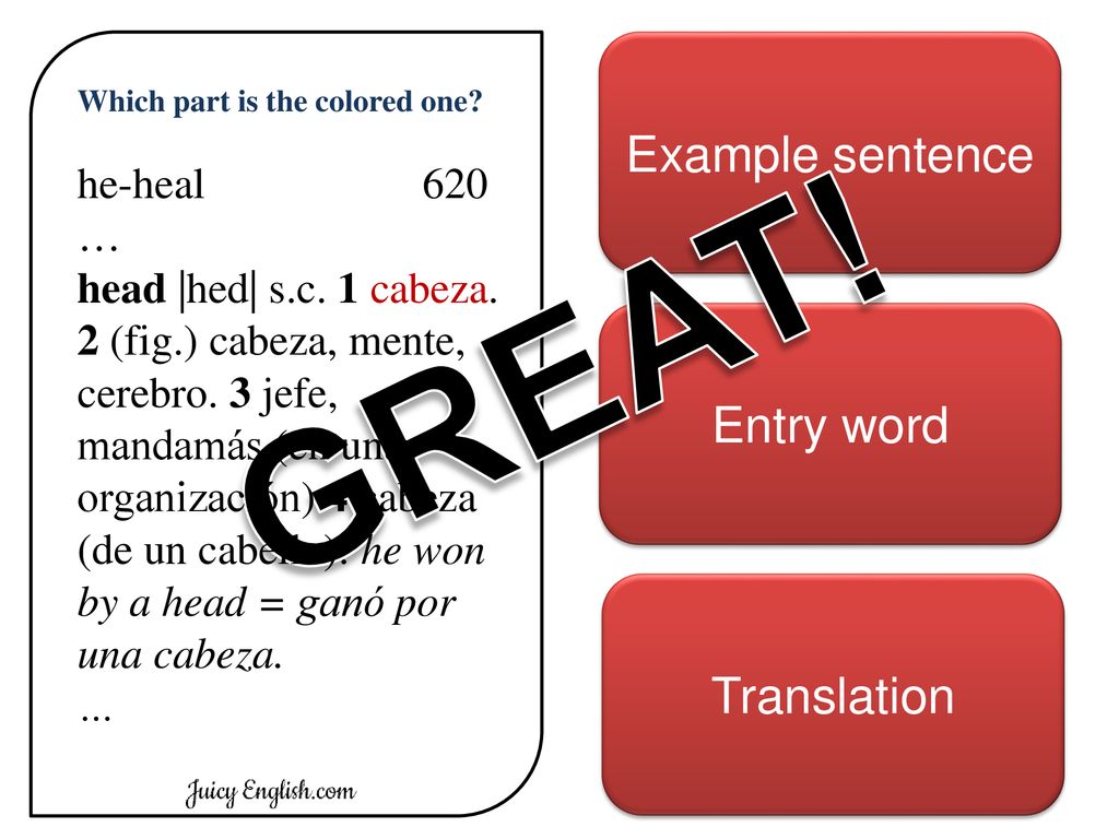 GREAT! Example sentence Entry word Translation he-heal 620 …