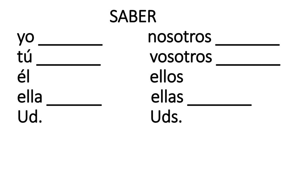 SABER yo _______ nosotros _______ tú _______ vosotros _______ él ellos ella ______ ellas _______ Ud. Uds.
