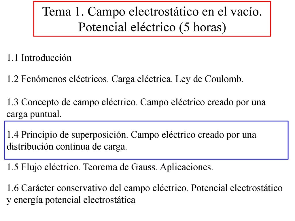 Tema 1. Campo electrostático en el vacío. Potencial eléctrico (5 horas)