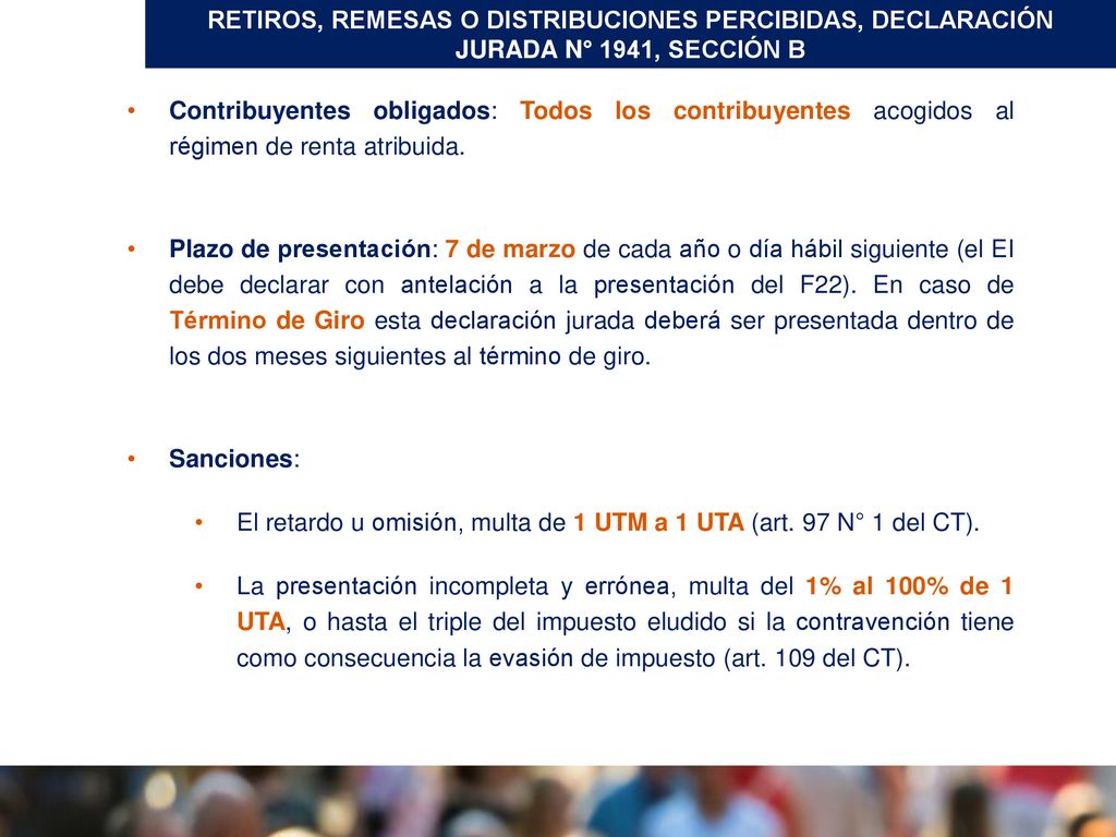 RETIROS, REMESAS O DISTRIBUCIONES PERCIBIDAS, DECLARACIÓN JURADA N° 1941, SECCIÓN B