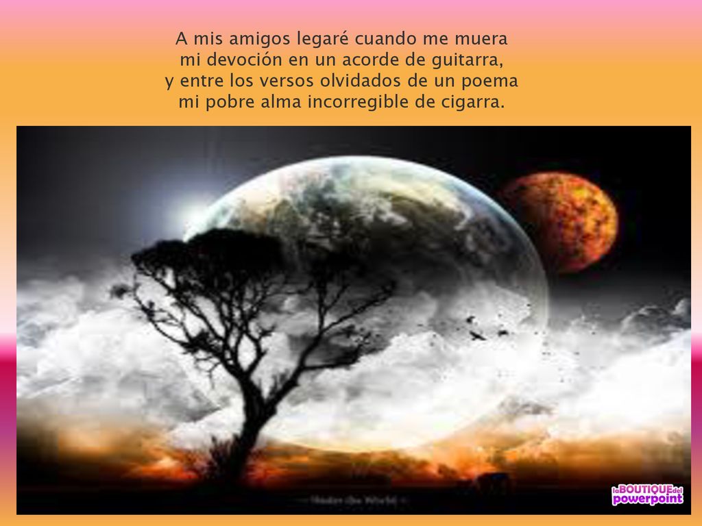 A mis amigos legaré cuando me muera mi devoción en un acorde de guitarra, y entre los versos olvidados de un poema mi pobre alma incorregible de cigarra.