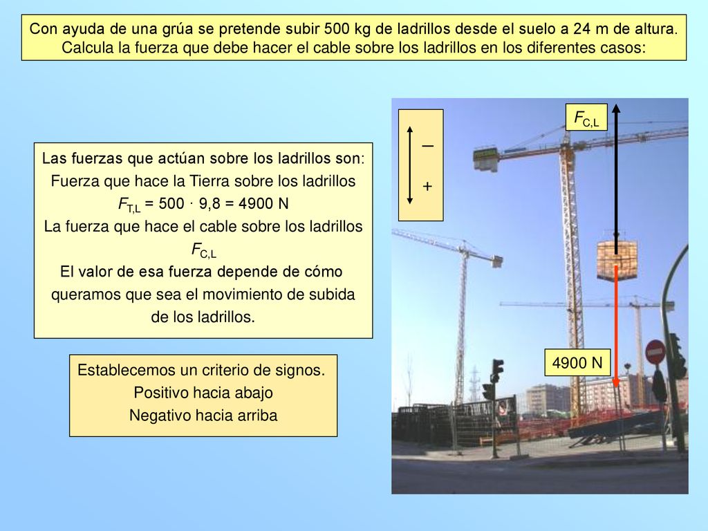 Con ayuda de una grúa se pretende subir 500 kg de ladrillos desde el suelo a 24 m de altura.