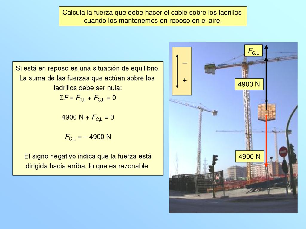 + Calcula la fuerza que debe hacer el cable sobre los ladrillos