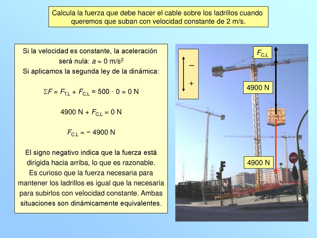 + Calcula la fuerza que debe hacer el cable sobre los ladrillos cuando