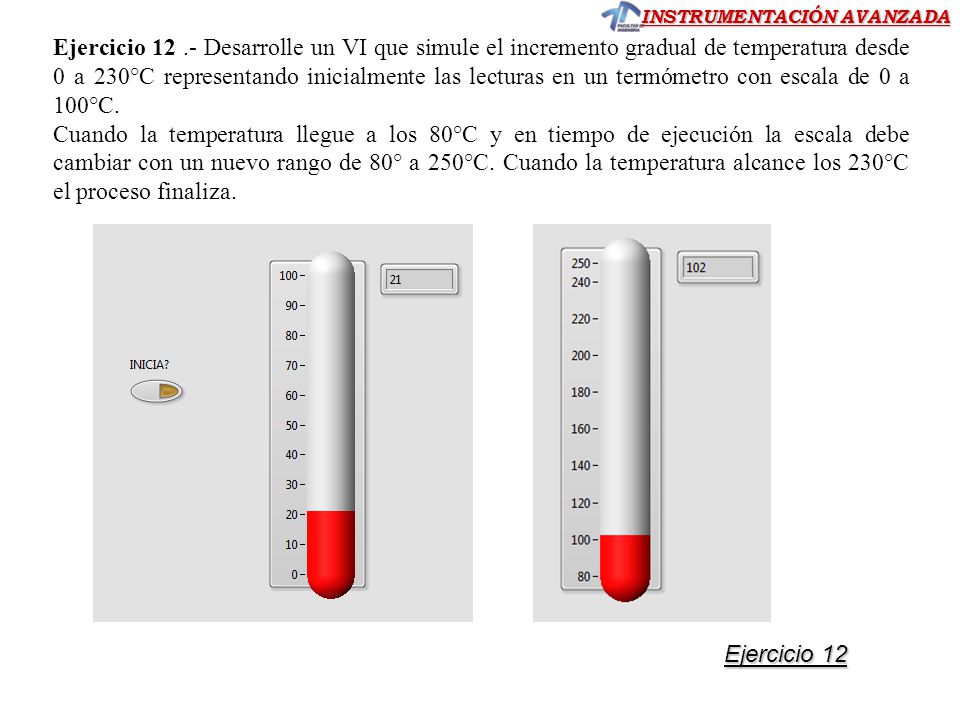 Ejercicio Desarrolle un VI que simule el incremento gradual de temperatura desde 0 a 230°C representando inicialmente las lecturas en un termómetro con escala de 0 a 100°C.