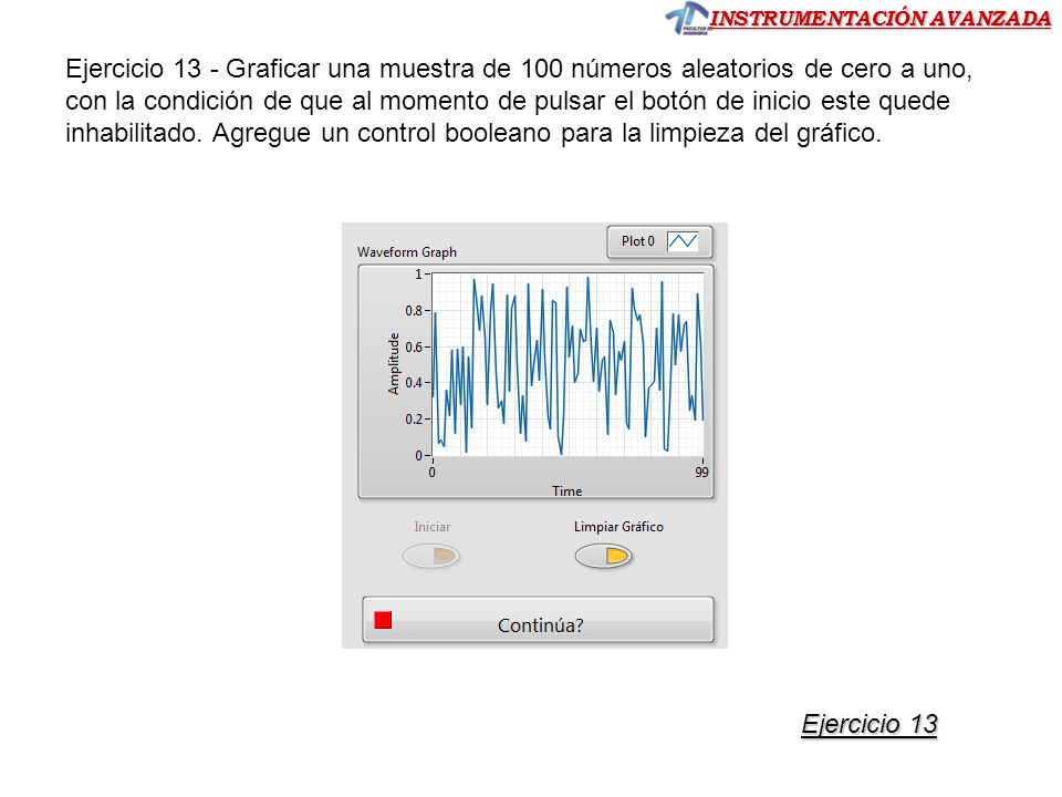 Ejercicio 13 - Graficar una muestra de 100 números aleatorios de cero a uno, con la condición de que al momento de pulsar el botón de inicio este quede inhabilitado. Agregue un control booleano para la limpieza del gráfico.