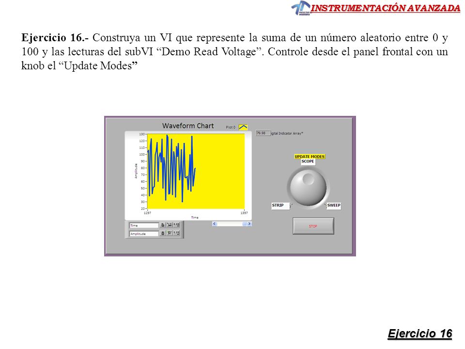 Ejercicio 16.- Construya un VI que represente la suma de un número aleatorio entre 0 y 100 y las lecturas del subVI Demo Read Voltage . Controle desde el panel frontal con un knob el Update Modes