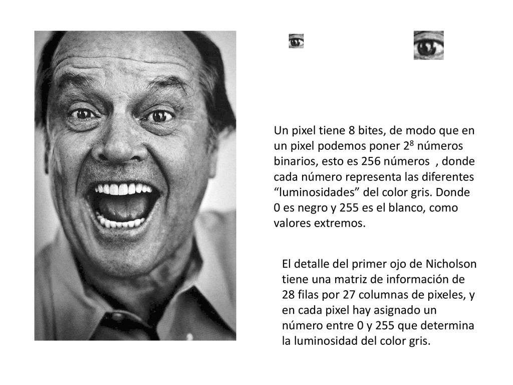 Un pixel tiene 8 bites, de modo que en un pixel podemos poner 28 números binarios, esto es 256 números , donde cada número representa las diferentes luminosidades del color gris. Donde 0 es negro y 255 es el blanco, como valores extremos.