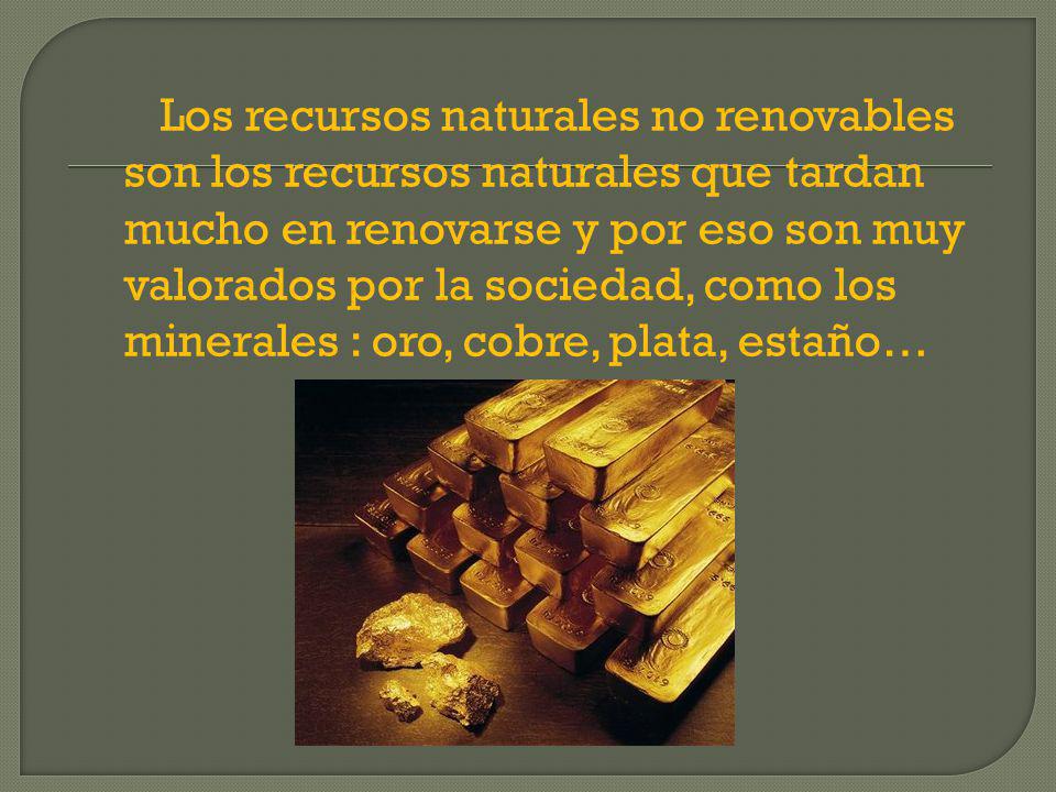 Los recursos naturales no renovables son los recursos naturales que tardan mucho en renovarse y por eso son muy valorados por la sociedad, como los minerales : oro, cobre, plata, estaño…