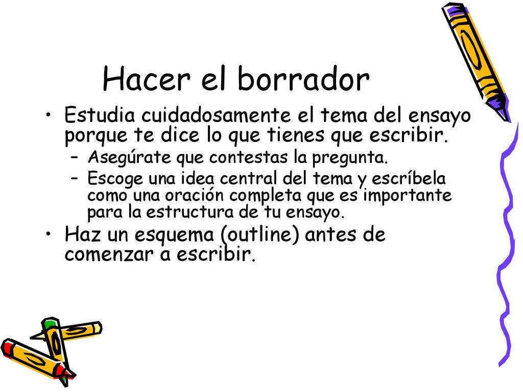 Hacer el borrador Estudia cuidadosamente el tema del ensayo porque te dice lo que tienes que escribir.