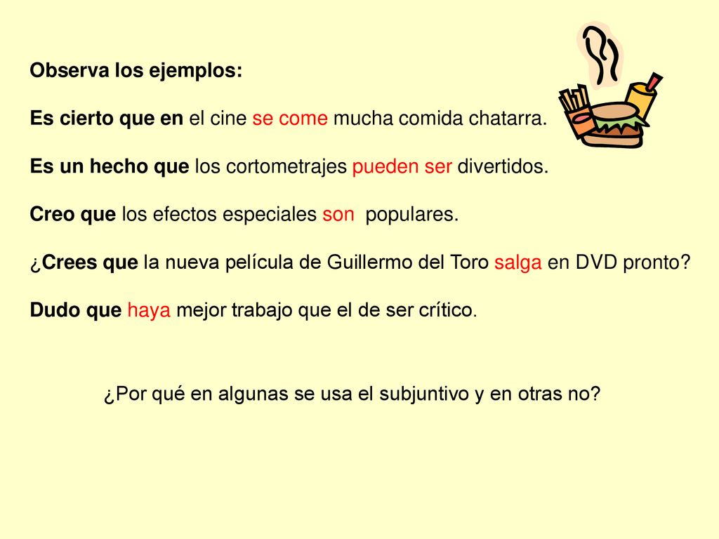 Observa los ejemplos: Es cierto que en el cine se come mucha comida chatarra. Es un hecho que los cortometrajes pueden ser divertidos.