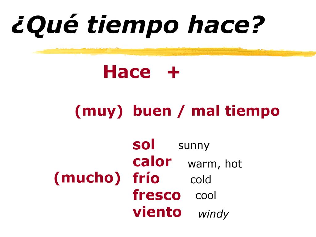 ¿Qué tiempo hace Hace + (muy) buen / mal tiempo sol calor frío fresco