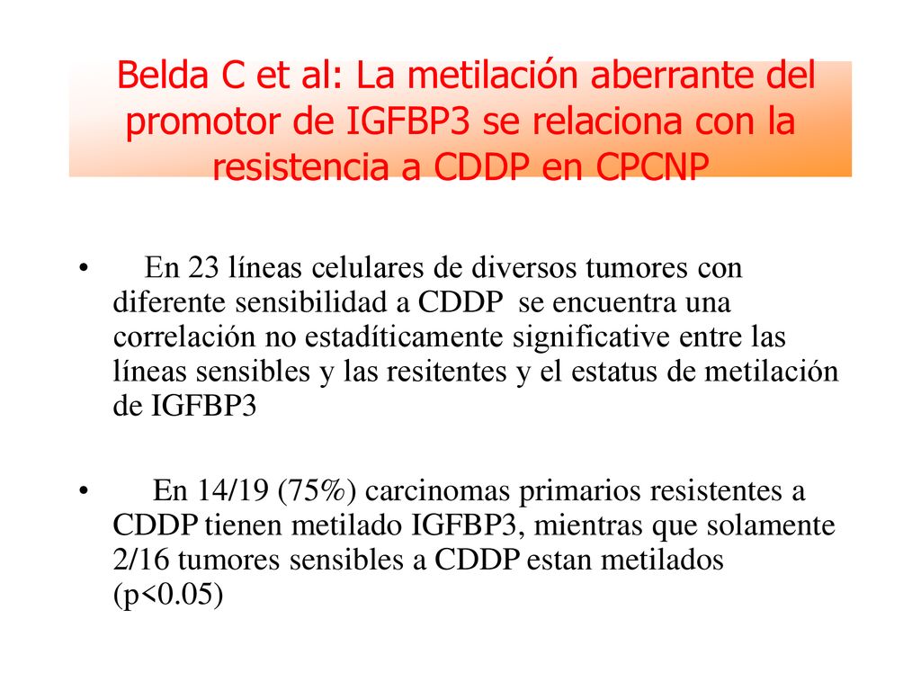 Belda C et al: La metilación aberrante del promotor de IGFBP3 se relaciona con la resistencia a CDDP en CPCNP