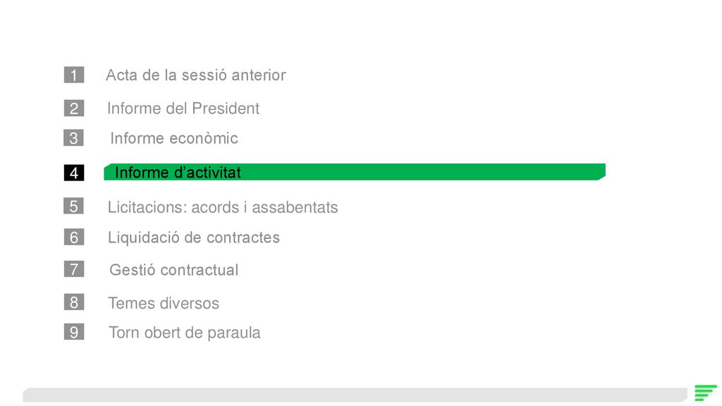 1 Acta de la sessió anterior. 2. Informe del President. 3. Informe econòmic. 4. Informe d’activitat.