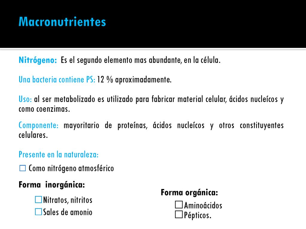Macronutrientes Nitrógeno: Es el segundo elemento mas abundante, en la célula. Una bacteria contiene PS: 12 % aproximadamente.