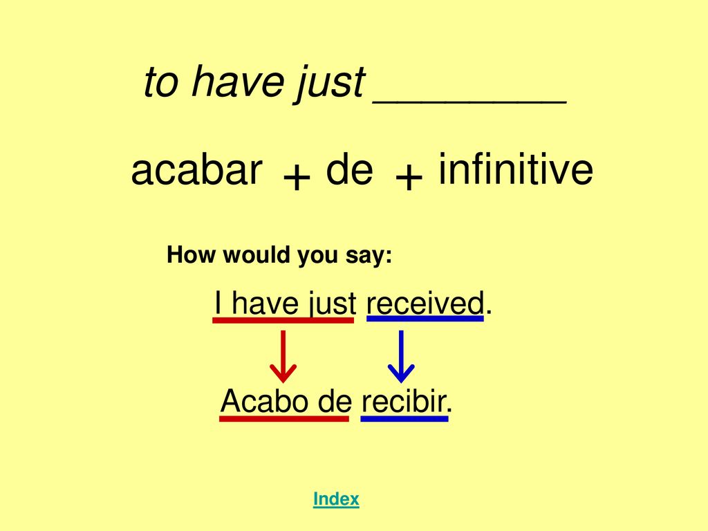 + + to have just ________ acabar de infinitive I have just received.