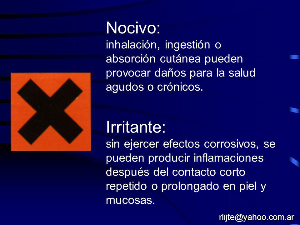 Nocivo: inhalación, ingestión o absorción cutánea pueden provocar daños para la salud agudos o crónicos.