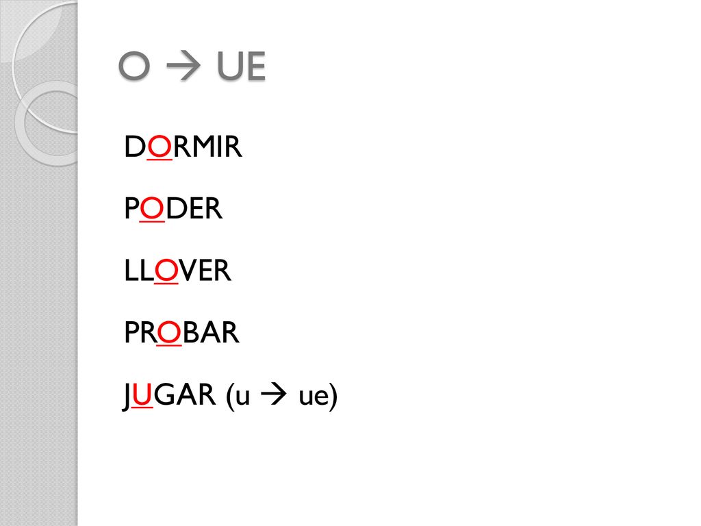 O  UE DORMIR PODER LLOVER PROBAR JUGAR (u  ue)