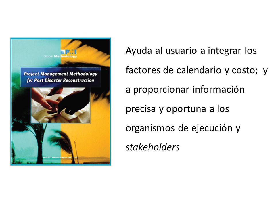 Ayuda al usuario a integrar los factores de calendario y costo; y a proporcionar información precisa y oportuna a los organismos de ejecución y stakeholders
