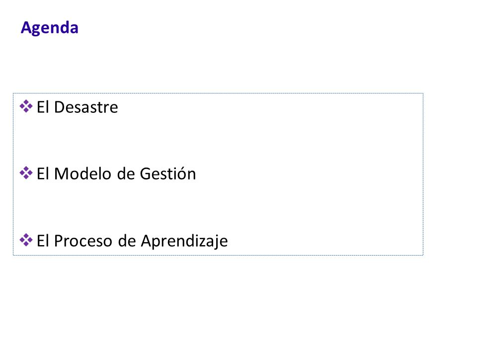 Agenda El Desastre El Modelo de Gestión El Proceso de Aprendizaje
