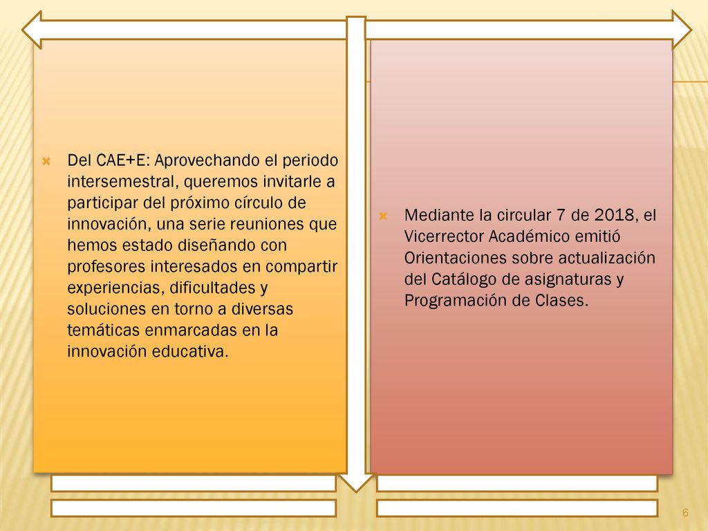 Del CAE+E: Aprovechando el periodo intersemestral, queremos invitarle a participar del próximo círculo de innovación, una serie reuniones que hemos estado diseñando con profesores interesados en compartir experiencias, dificultades y soluciones en torno a diversas temáticas enmarcadas en la innovación educativa.