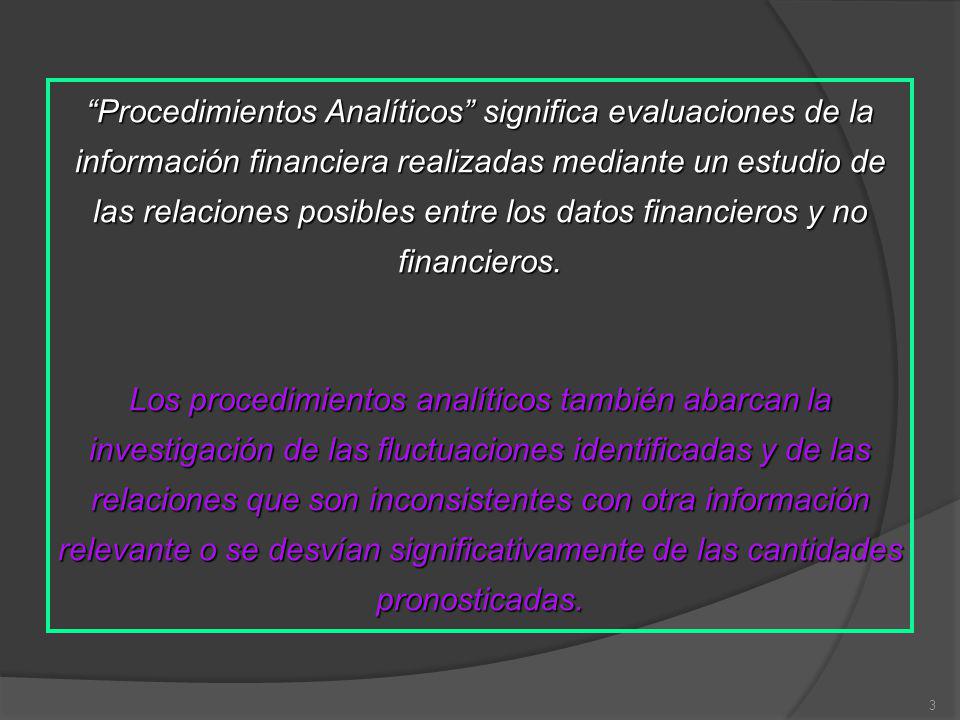 Procedimientos Analíticos significa evaluaciones de la información financiera realizadas mediante un estudio de las relaciones posibles entre los datos financieros y no financieros.