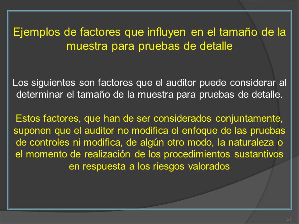 Ejemplos de factores que influyen en el tamaño de la muestra para pruebas de detalle