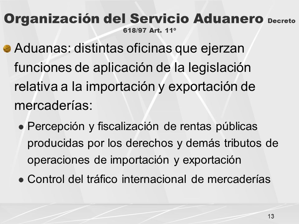 Organización del Servicio Aduanero Decreto 618/97 Art. 11º