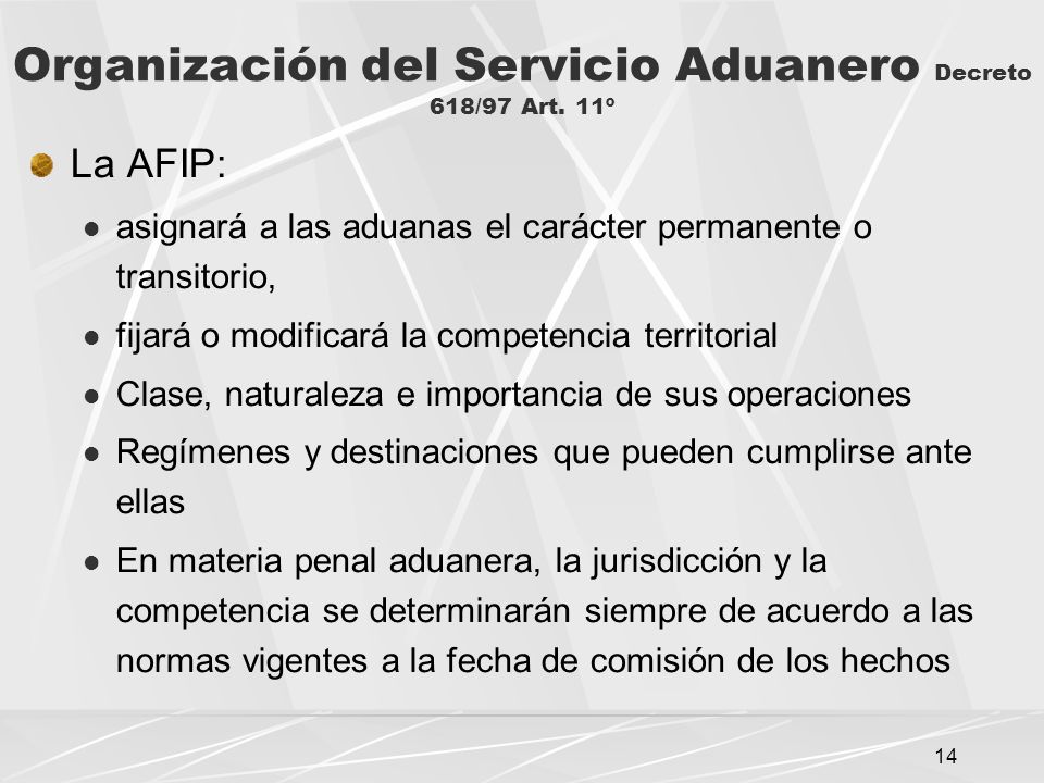 Organización del Servicio Aduanero Decreto 618/97 Art. 11º
